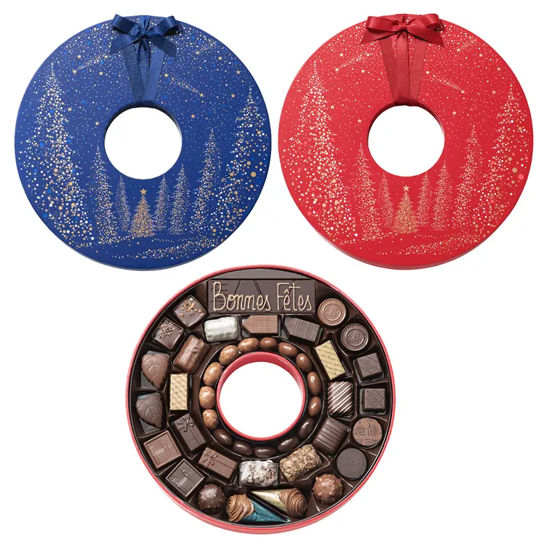 Petite boite couronne de Noël garnie de chocolats et sa barre noir - rouge ou bleue