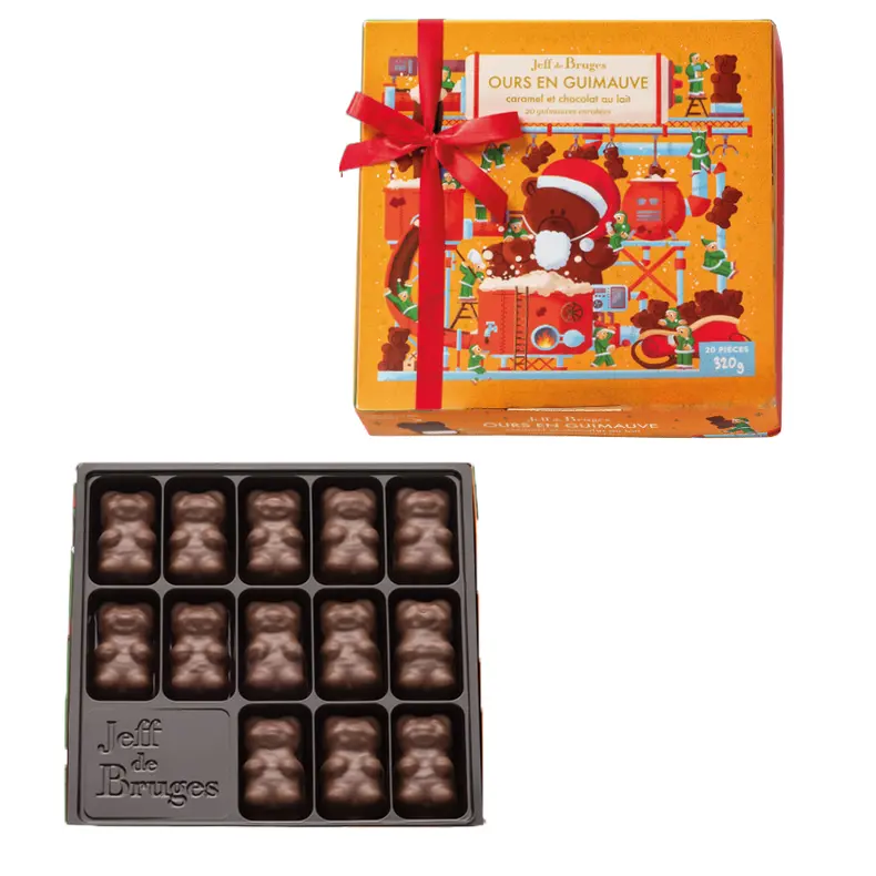 Boite 20 ours guimauve en chocolat au lait et caramel - Édition Noël