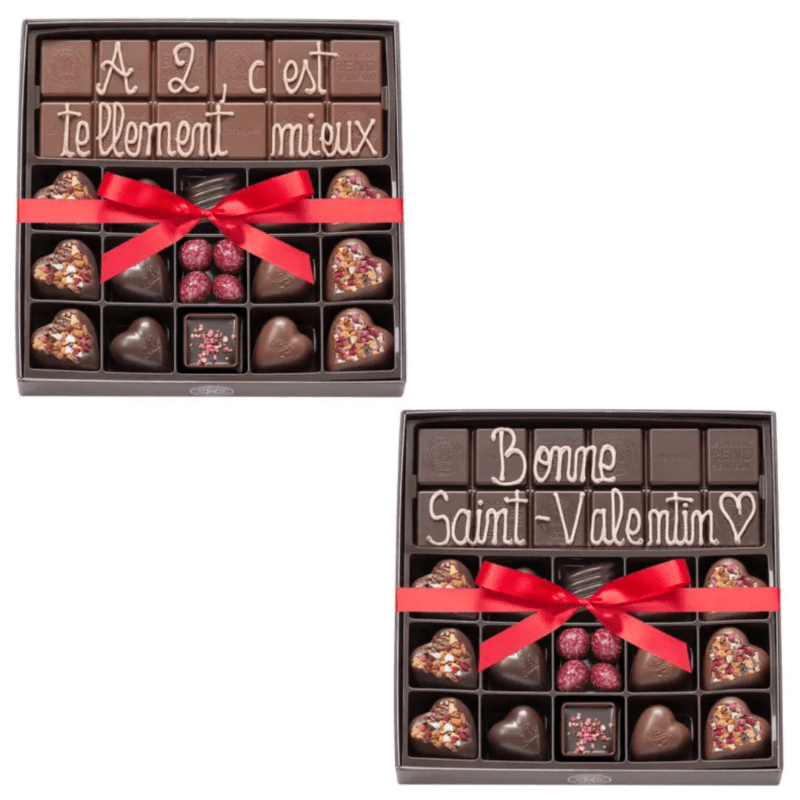 Boite 15 chocolats Saint-Valentin et tablette de chocolat au lait ou noir